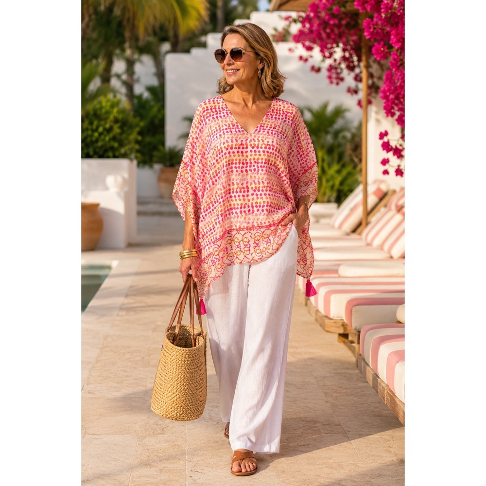 NWT‎ Jade Melody Tam Tassel Trim Dot Print Kaftan Resort Wear Top S/M